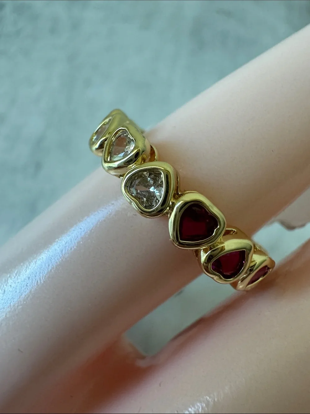 Unique Lab Created Ruby and CZ Gold plated Hearts Ring Sz. 7